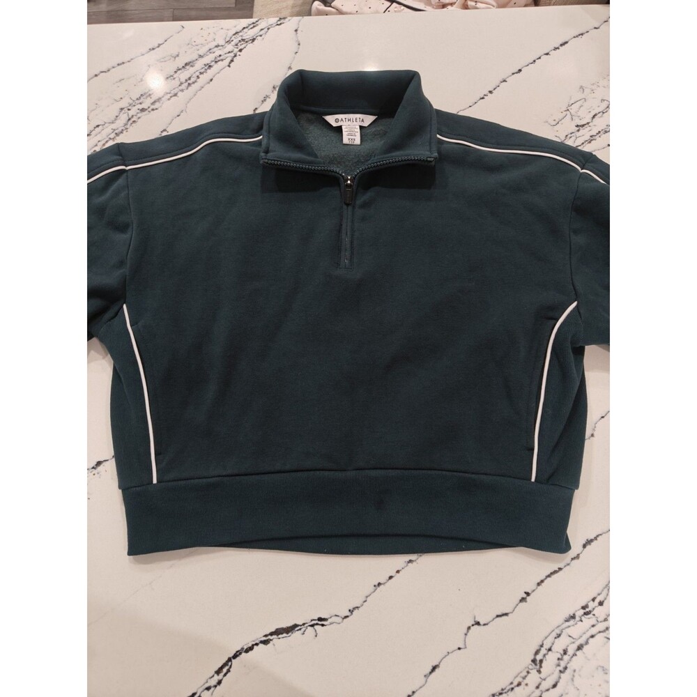 Athleta Quarter Zip Mock Neck Cropped Dark Green White Sweater-Size XXS